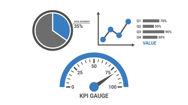 Blue and grey data visualization elements featuring pie charts, line graphs and speedometer gauge performance indicators