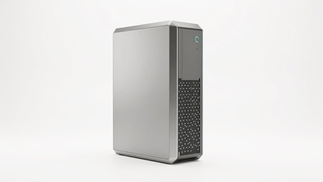 Modern compact silver mini computer tower with ventilation grid and power indicator light on side