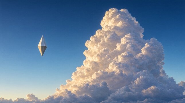 A white octahedron floats beside a massive golden cumulus cloud in a clear sky.