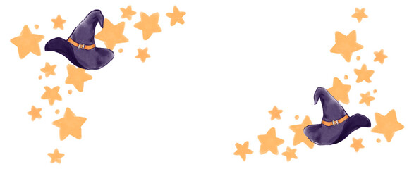 Obraz premium Whimsical gold stars and witch hat border for children story book