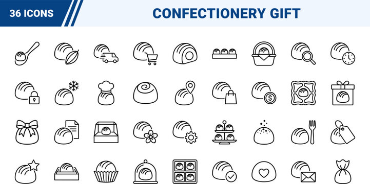 Chocolate Truffle Truffle Gift Selection Web Icon Set in Linear Style. Collection of Confectionery Present line icons, including gourmet sweets, luxury packaging, candy delivery, assortment box.
