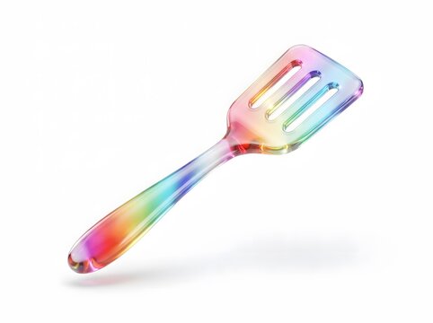 Rainbow colored slotted spatula isolated on white background