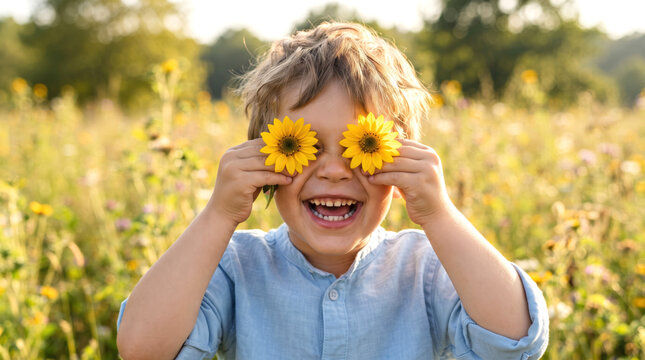 Cheerful Boy Covering Eyes with Yellow Flowers in Meadow