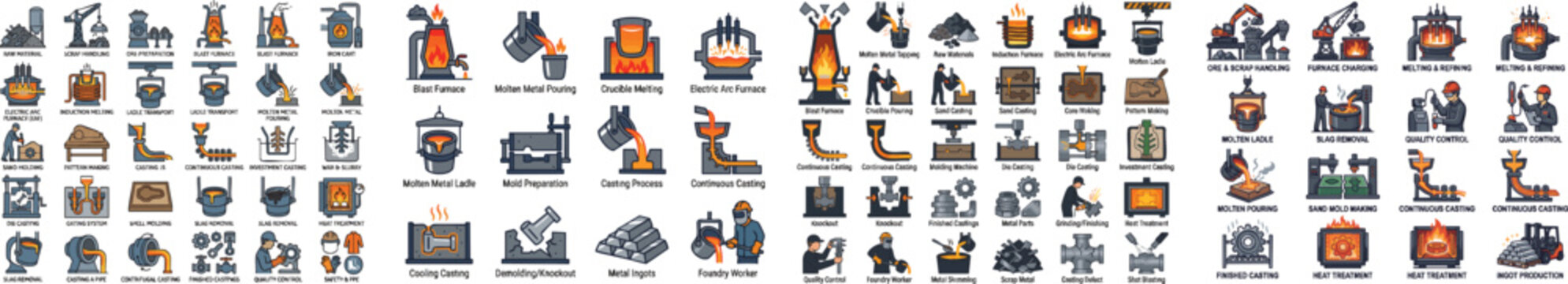 Metal smelting and foundry industrial process icons, vector isolated on white