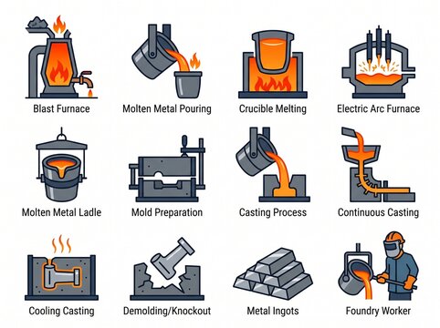 Metal smelting and foundry industrial process icons, vector isolated on white