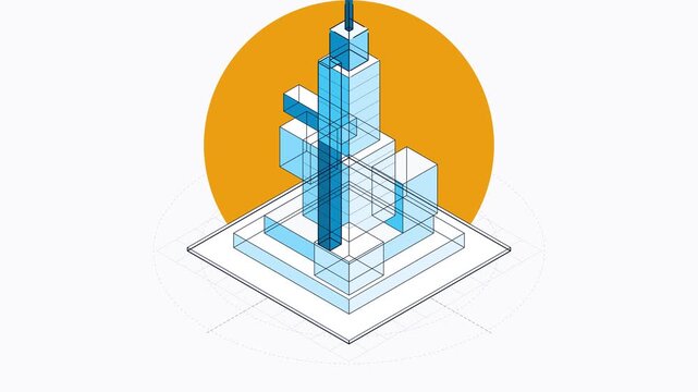 Animated Isometric Architectural Wireframe Building Construction Concept