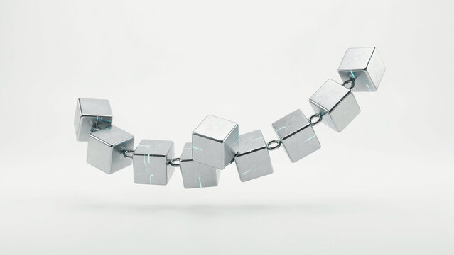 Modern metallic cube chain forming a curved geometric pattern against transparent background