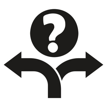 Black and white question mark icon with split direction arrows