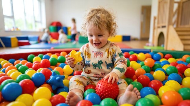 Happy toddler boy playing in a colorful ball pit at a daycare or play center