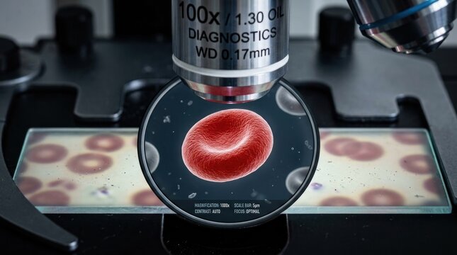 Close-up of a red blood cell magnified under a microscope with scientific data display