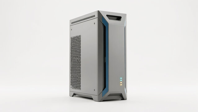 Modern minimalist computer tower with mesh side panel and ventilation slots on grey metallic casing