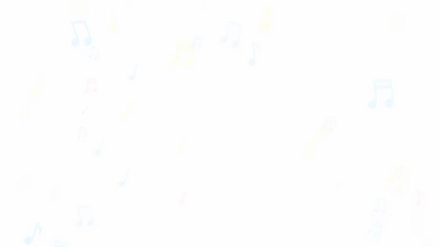 Abstract floating colorful musical notes drifting slowly on a clean white background