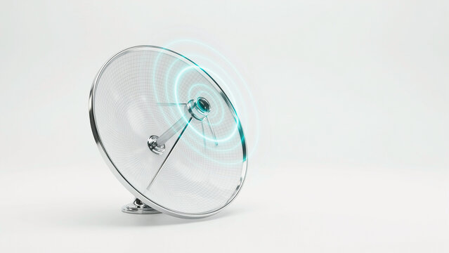 Modern satellite dish antenna with transparent reflective surface and metallic support stand on clear background