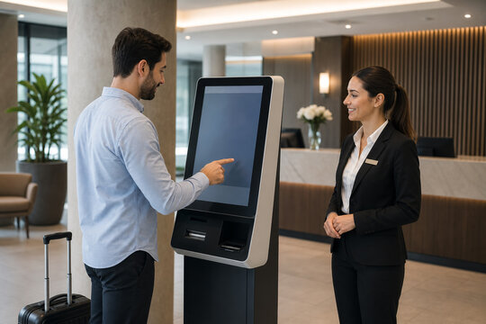 Hotel Guest Using a Contactless Self-Service Check-In Kiosk with Friendly Staff Assistance at a Respectful Distance in a Modern Lobby