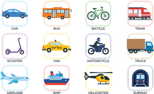 A comprehensive collection of various transportation modes is presented as a set of colorful, flat design vector icons against a clean white background, ideal for educational content.