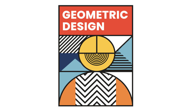 Retro geometric design poster with colorful abstract shapes and bold typography on a white background.