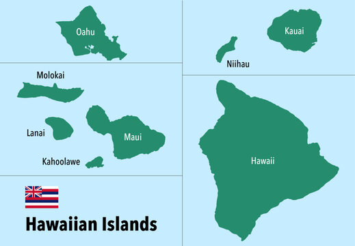 Ultra High Definition Map of Hawaiian Islands with State Flag