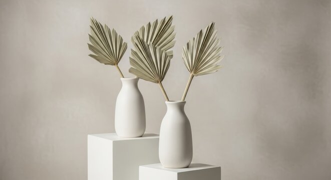 Minimalist interior podiums with dried palm leaves background