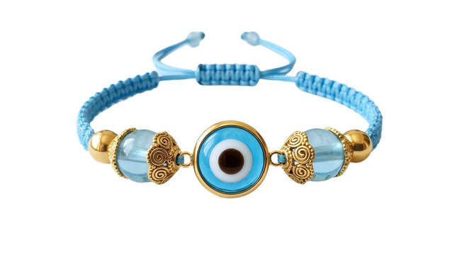 Blue evil eye protection bracelet with gold accents isolated on transparent background