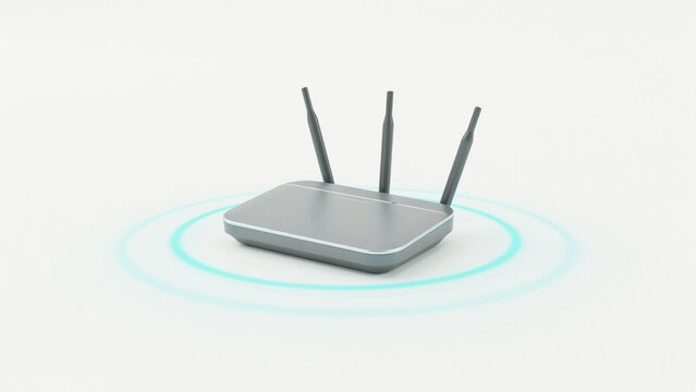 Modern wireless router with three antennas emitting network signal waves on transparent background