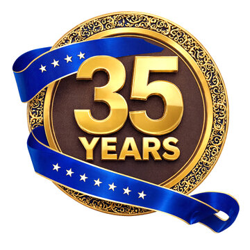 Golden thirtyfive years anniversary badge with blue ribbon and stars isolated celebration design