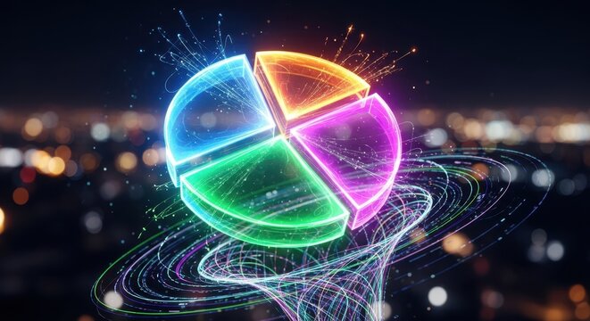 Glowing holographic pie chart data visualization background