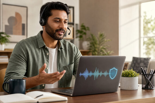 Remote Professional Using Voice Biometric Identity Verification through a Headset and Laptop for Secure Passwordless Authentication at Home and Online Account Access