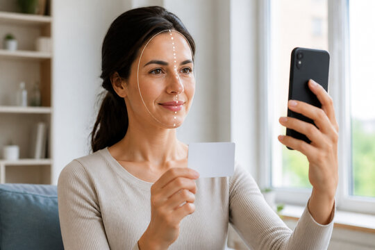 Woman Performing Mobile Banking Selfie Liveness Detection with Smartphone and Blank Identification Card for Secure Biometric Account Verification and Fraud Prevention