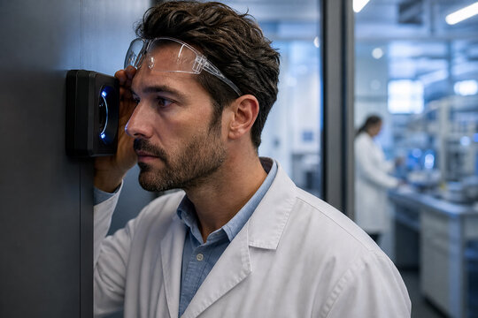 Scientist Completing Iris Biometric Identity Verification at a Secure Optical Scanner Before Entering an Advanced Research Laboratory Facility with Controlled Access