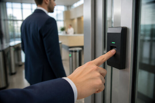 Business Professional Using a Fingerprint Reader for Secure Biometric Identity Verification and Controlled Access at a Contemporary Corporate Office Entrance