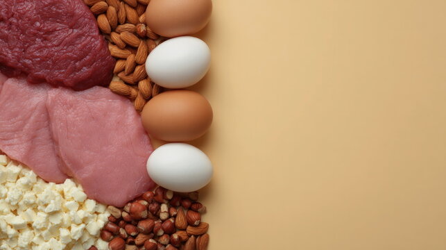 Raw meat eggs cottage cheese and nuts arranged on beige background with copy space for healthy nutrition and high protein diet meal planning concepts
