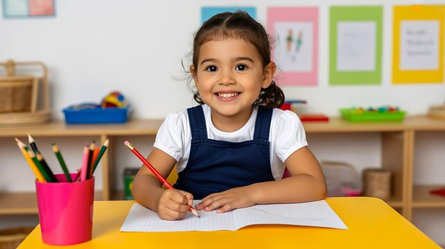 Happy schoolgirl drawing with colored pencils at classroom desk