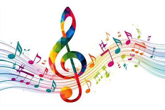 Colorful treble clef with musical notes isolated on white background