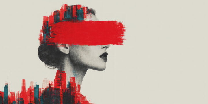 Woman profile portrait with red paint stroke over eyes and city skyline silhouette representing censorship and freedom of speech suppression concepts