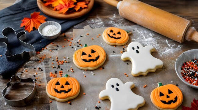 halloween cookies with pumpkin and ghost decorations on a festive baking table