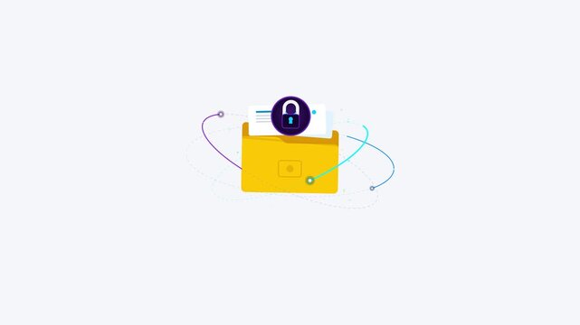 Digital file folder securing data privacy with orbiting animated lines