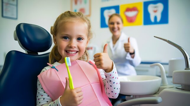 Happy child at dental clinic holding toothbrush and giving thumbs up