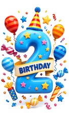 Naklejka premium 3D Number 2 Birthday Illustration with Balloons and Party Hat