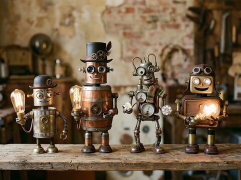Vintage steampunk robot toys lined on wooden workbench holding glowing bulbs warm workshop scene