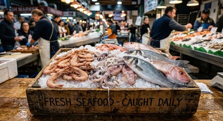 Obraz premium Abundant Display of Freshly Caught Seafood at a Bustling Market Stall