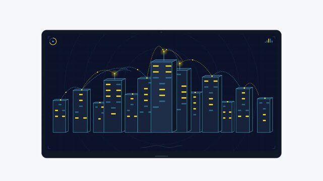 Digital HUD Display Showing Stylized Blueprint Skyscraper City Animation