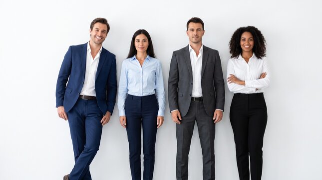 Diverse business team of four professionals standing together against a clean white wall background