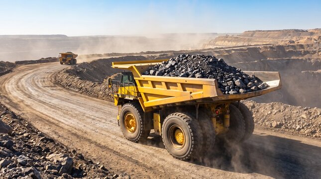 Massive industrial dump truck carrying coal loads in an open-cast mining quarry
