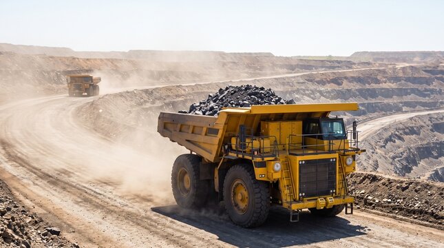 Heavy Yellow Dump Truck Transporting Coal in a Vast Open Pit Mining Operation Site