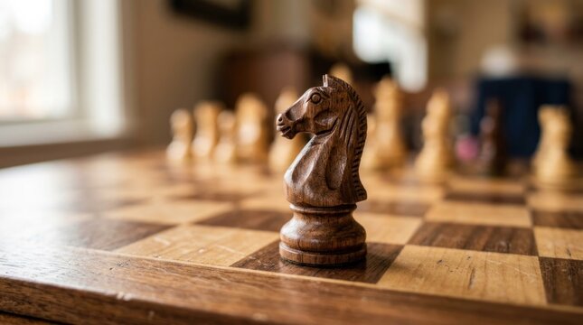 Wooden chess piece knight on board strategy game, indoor setting with natural light