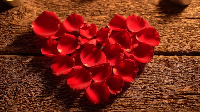 A heart shape formed by vibrant red rose petals resting on a rustic wooden table, illuminated by soft, warm light, evoking romance and love.