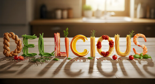 Delicious word made of fresh vegetables on kitchen table