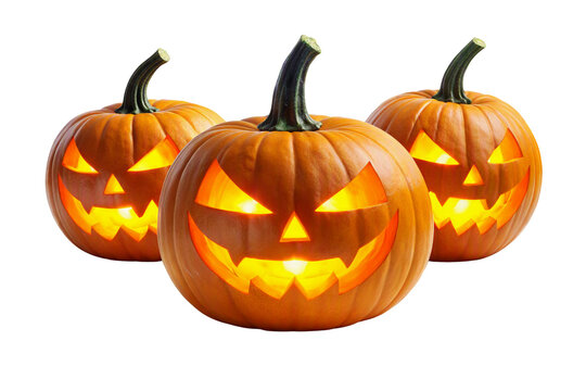 Halloween pumpkins group isolated PNG, three glowing carved jack o lanterns on transparent background, festive autumn decorations