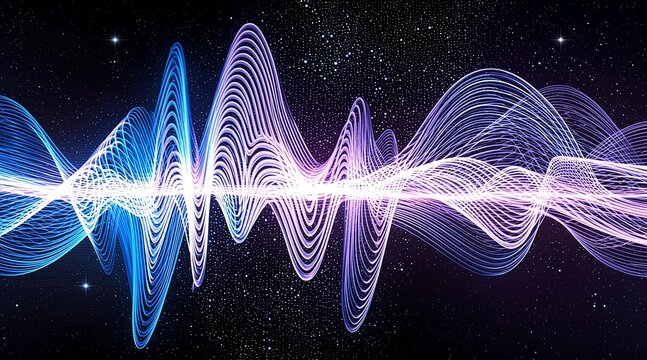 Abstract digital sound wave visualization with glowing blue and purple frequency oscillations on a starry cosmic background