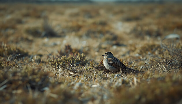 A small bird resting on the ground in an open field
